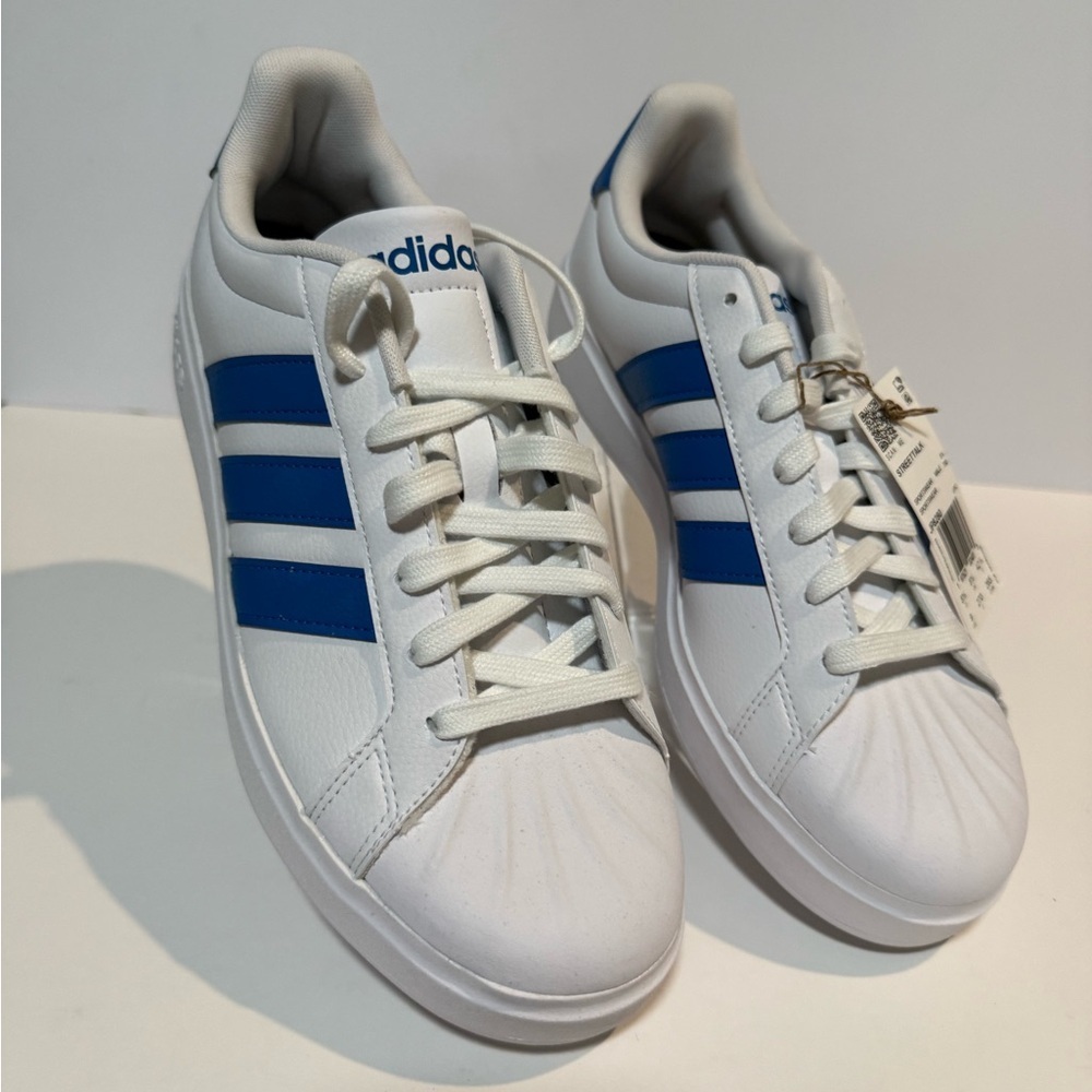 adidas White Sneakers with Blue Three-Stripes - NWT